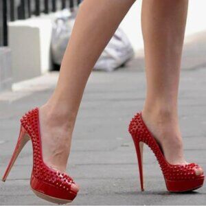 FSJ Red Rivets Platform Peep Toe Pumps High Stiletto Heel Slip On Studded Shoes